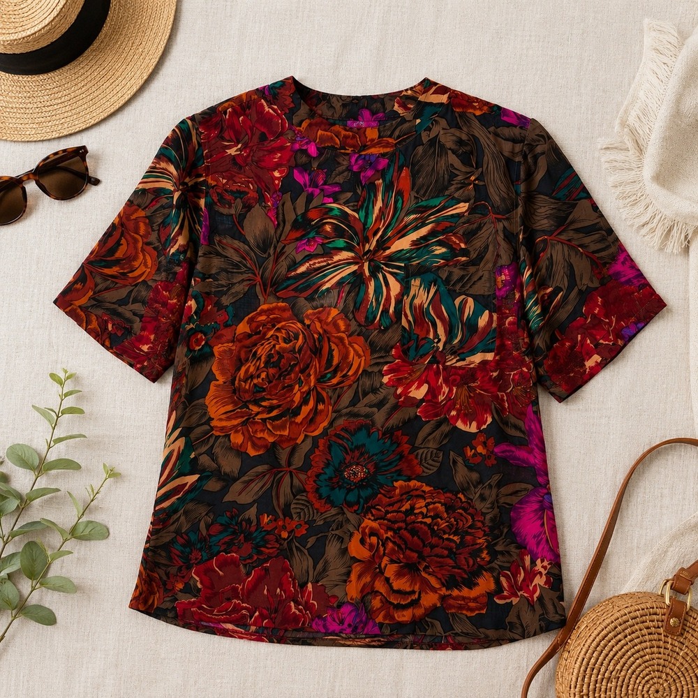 Potomac Collection Womens 100% Silk Floral Short Sleeve Blouse Top Multicolor M - Picture 1 of 8